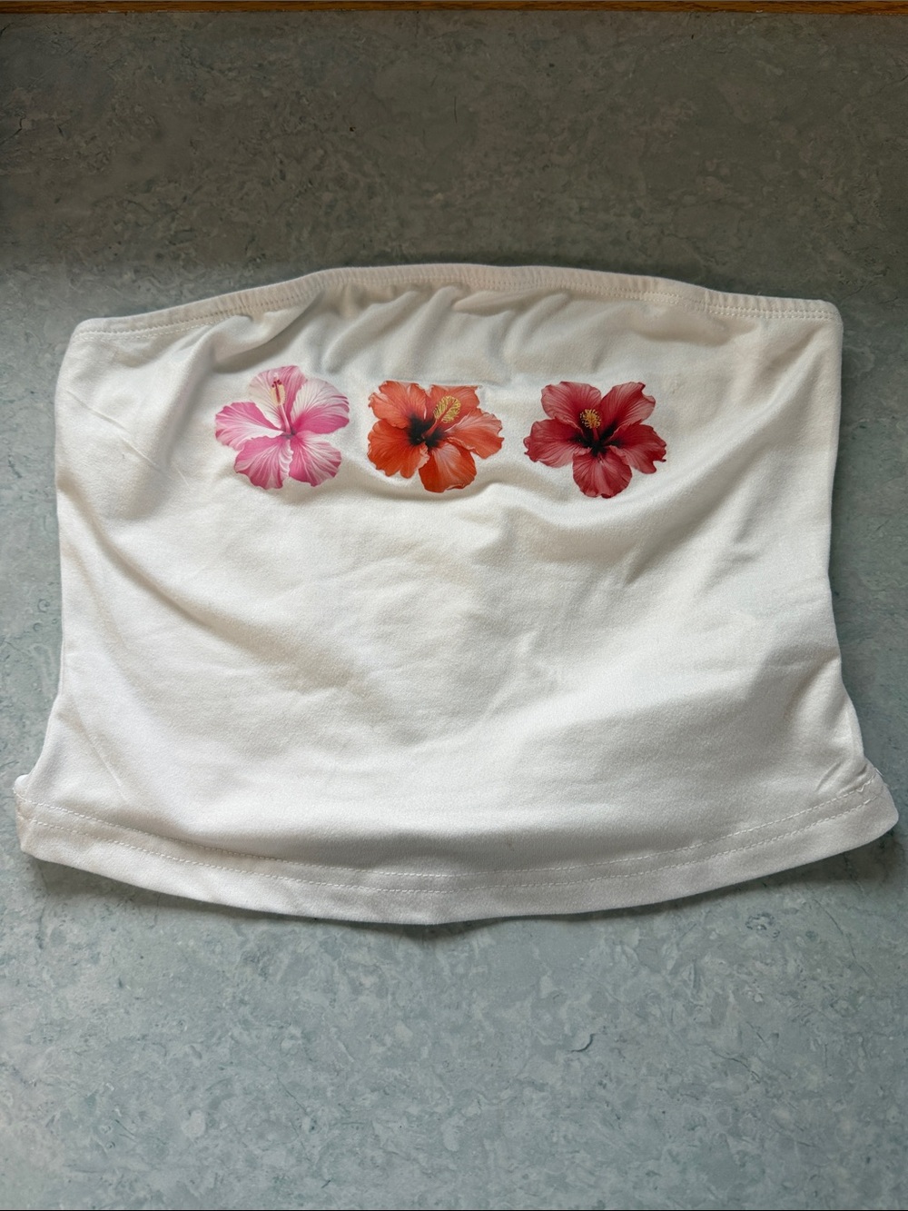 SHEIN White Strapless Cropped Tube Top with Pink, Orange & Red Floral Print